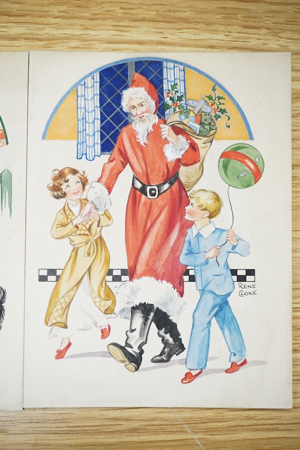 Rene Cloke (1904-1995), set of three original 1930's watercolours on card, Childrens' Christmas card designs, each signed, 14 x 10cm, unframed. Condition - fair to good